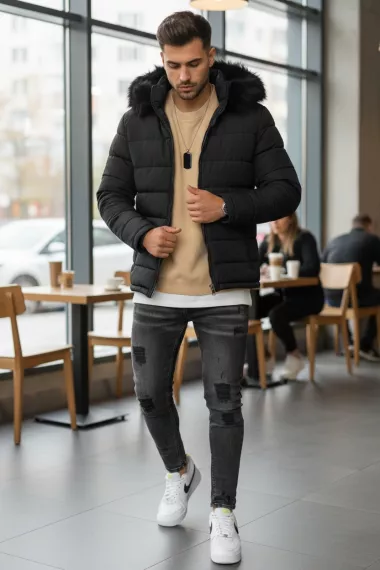 Geaca barbati groasa de iarna, imblanita neagra 2666